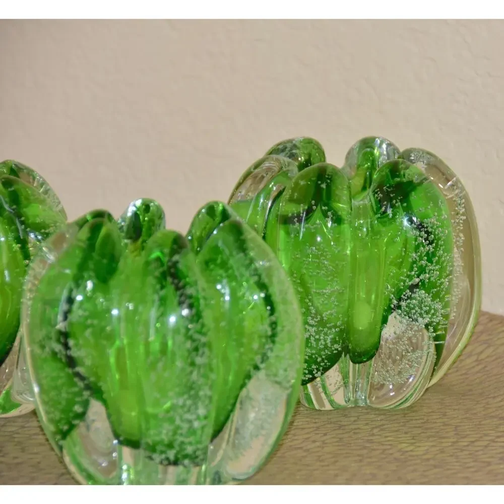 Tozai Hand Blown Murano Bubbles Green Glass Orb Vases - Set of 4